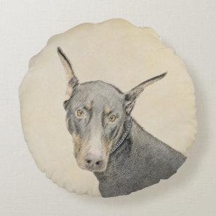 Cojín Redondo Pintura Doberman Pinscher - Original Dog Art