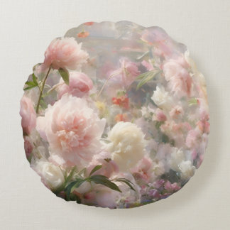 Cojín Redondo Pintura en acuarela de peonías blancas y rosadas