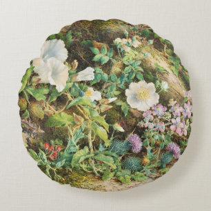 Cojín Redondo Pintura floral de petunias antiguas y bonitas