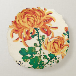 Cojín Redondo Pintura japonesa del vintage de crisantemos