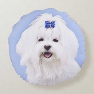 Cojín Redondo Pintura maltesa - arte original lindo del perro