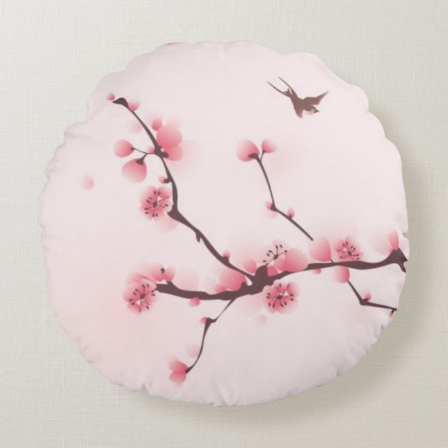 Cojín Redondo Pintura oriental del estilo, flor de cerezo (Anverso)