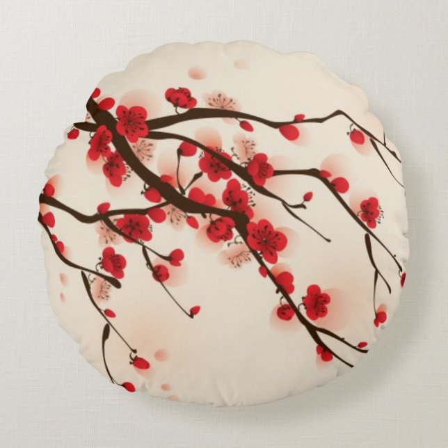 Cojín Redondo Pintura oriental del estilo, flor del ciruelo en (Anverso)