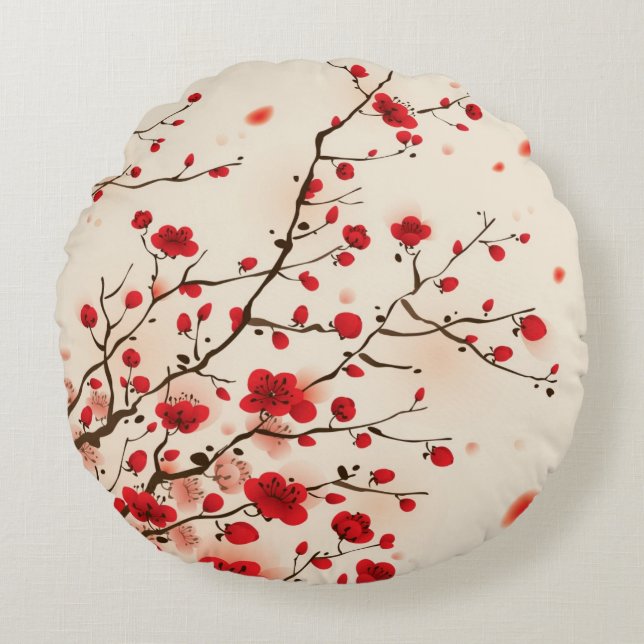 Cojín Redondo Pintura oriental del estilo, flor del ciruelo en (Anverso)