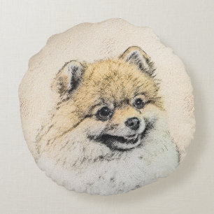 Cojín Redondo Pintura Pomerania (Naranja) - Arte Perro Original