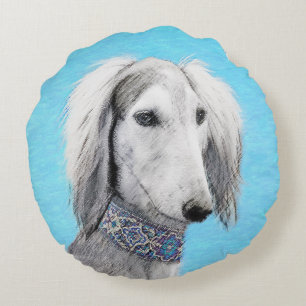 Cojín Redondo Pintura Saluki (plateada) - Arte Perro Original.