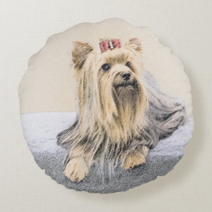Cojín Redondo Pintura Terrier de Yorkshire - Arte Perro Original