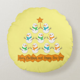 Cojín Redondo Pirámide de árboles de Navidad hecha de muñecos de