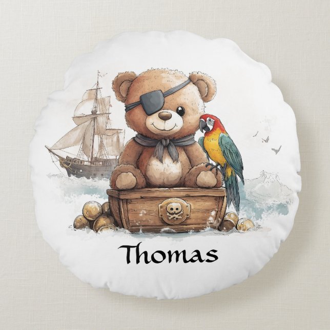 Cojín Redondo Pirate Teddy Bear Adventure - Personalizable (Anverso)