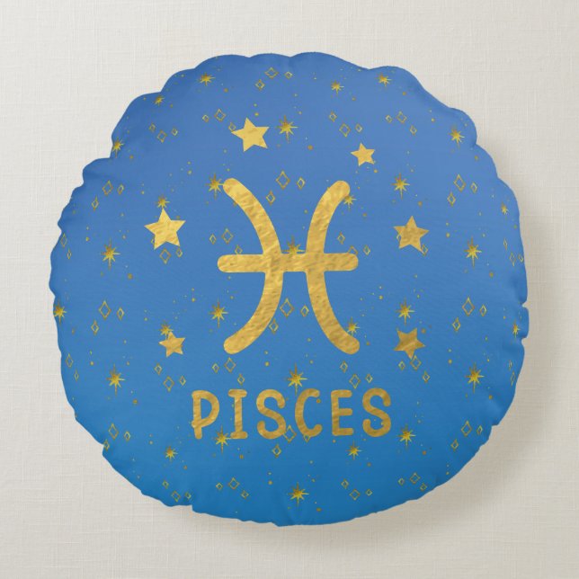 Cojín Redondo Pisces Zodiac Blue and Gold Round Pillow (Anverso)