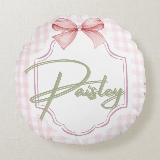 Cojín Redondo Pisley Baby Nursery Gingham Personalizado (Anverso)