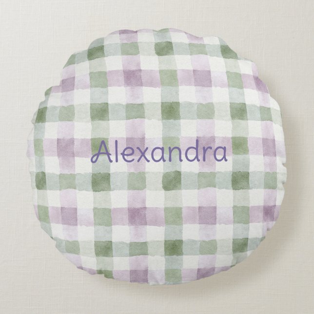 Cojín Redondo Pistachio Plaid Stripes Lavender Faux Glitter   (Anverso)