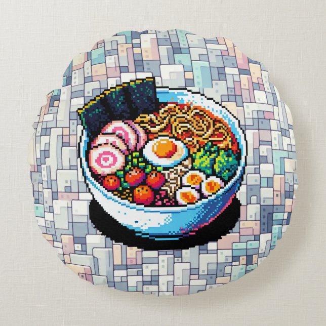 Cojín Redondo Pixel Art Ramen Noodles (Anverso)