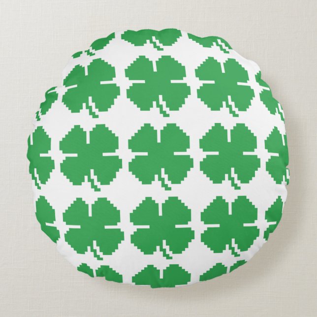 Cojín Redondo Pixel Lucky Four Leaf Clover de 8 bits (Anverso)