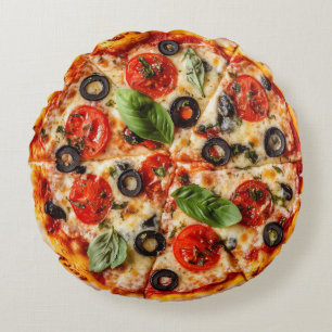Cojín Redondo pizza italiana con tomates, aceitunas y albahaca