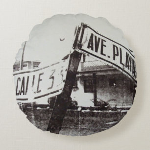 Cojín Redondo Placa de calle blanco y negro