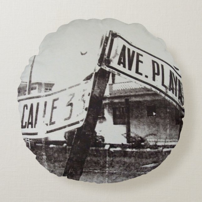 Cojín Redondo Placa de calle blanco y negro (Anverso)