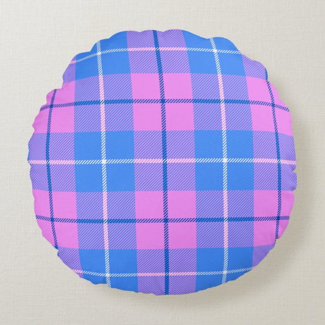 Cojín Redondo Placa De Tartán Rosa Y Azul (Anverso)
