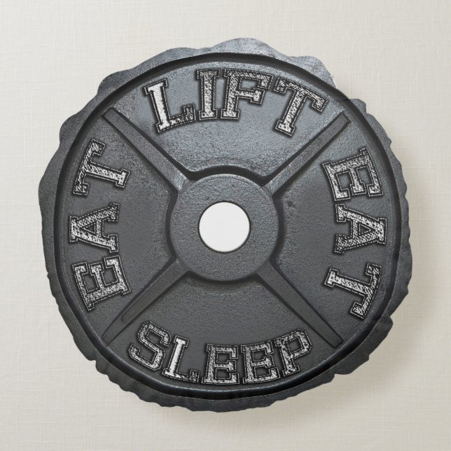 Cojín Redondo Placa del Barbell - la elevación, come, duerme (Reverso)