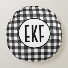 Cojín Redondo Plaid negro y blanco con monograma personalizado