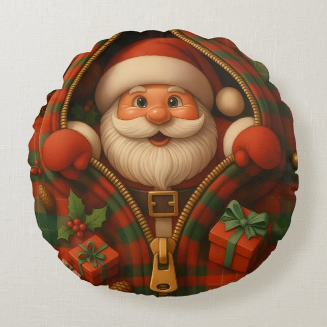 Cojín Redondo Plaid Santa Claus Christmas Design  (Anverso)