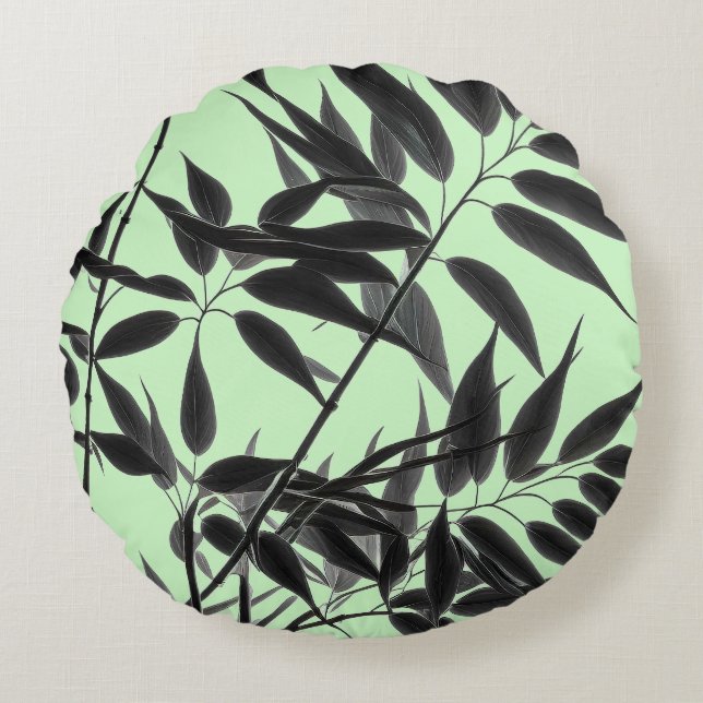 Cojín Redondo Planta de bambú verde menta y negro (Anverso)