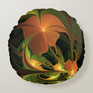 Cojín Redondo Planta de fantasía abstracta verde herrumbre marró