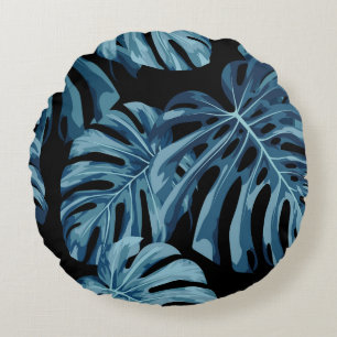 Cojín Redondo Planta de Monstera: patrón de hojas azules.