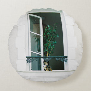 COJÍN REDONDO PLANTA VERDE EN LA VENTANA BLANCA