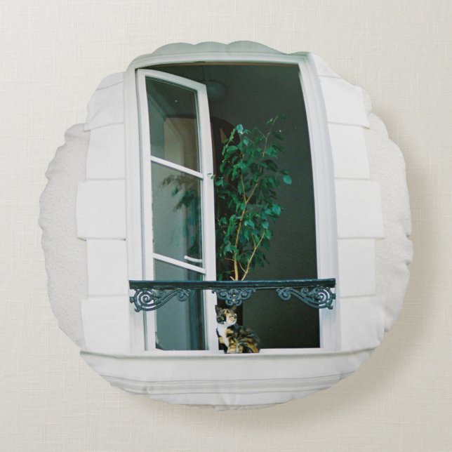 COJÍN REDONDO PLANTA VERDE EN LA VENTANA BLANCA (Anverso)