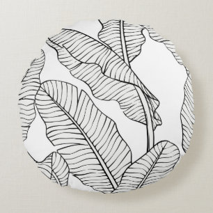 Cojín Redondo Plantas tropicales, flores, boceto de la jungla.
