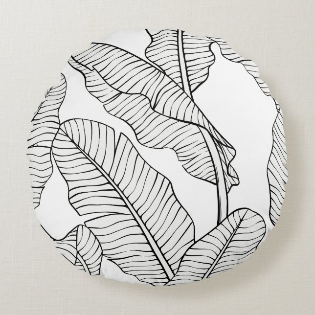 Cojín Redondo Plantas tropicales, flores, boceto de la jungla. (Anverso)