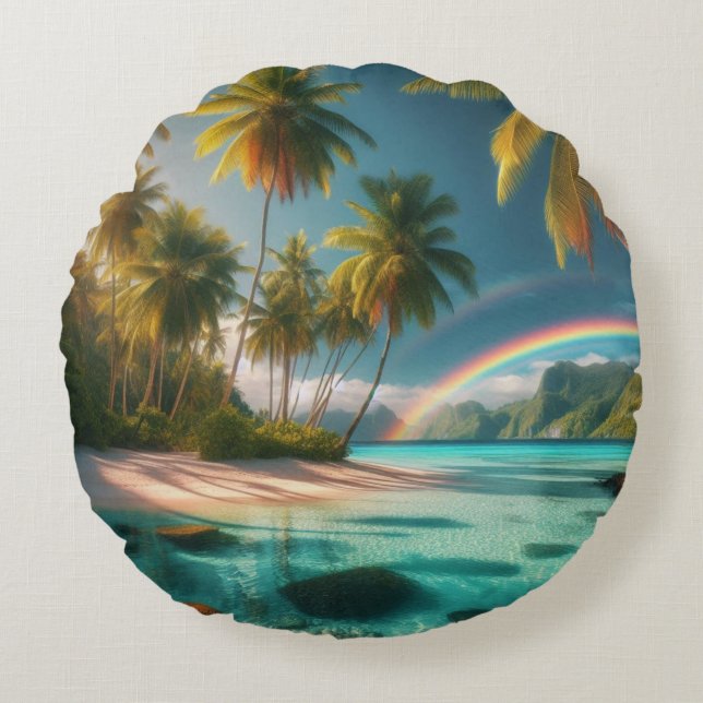 Cojín Redondo Playa Tropical Con Arcoiris Y Palmeras (Anverso)