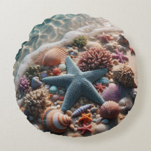 Cojín Redondo Playa Tropical Océano Estrella de Mar Conchas Azul