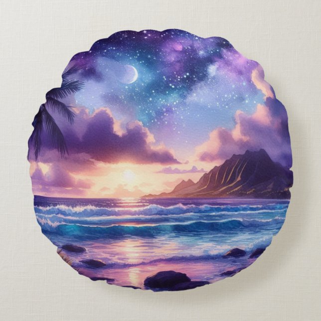 Cojín Redondo Playa tropical Purple Night Sky Moon (Anverso)