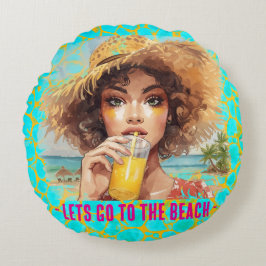 Cojín Redondo Playa Tropical, Vamos a La Playa,Naranja Turquesa