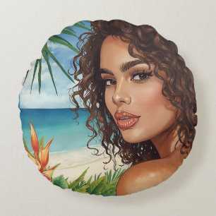 Cojín Redondo Playa Tropical y Mujeres de Rostro Exótico