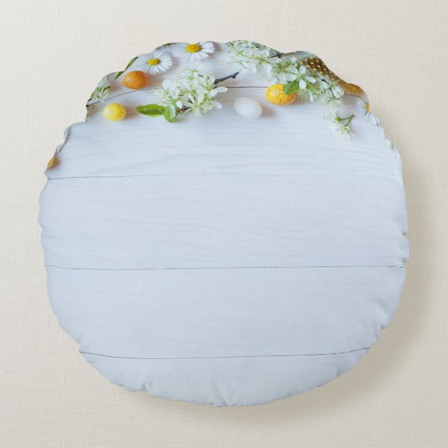 Cojín Redondo Pluma de cerezo de Pascua: Huevos Amarillos. (Anverso)