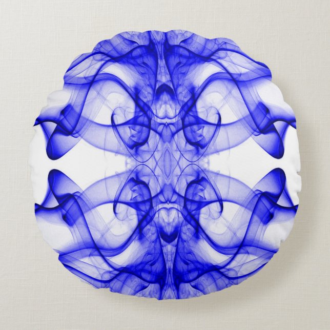 Cojín Redondo Plumas de humo azul en blanco (Anverso)