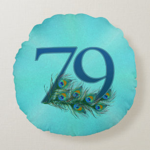 Cojín Redondo Plumas de Pavo Real 79 Cumpleaños Aniversario Hito