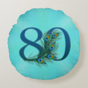 Cojín Redondo Plumas de Pavo Real 80 Cumpleaños Aniversario Hito