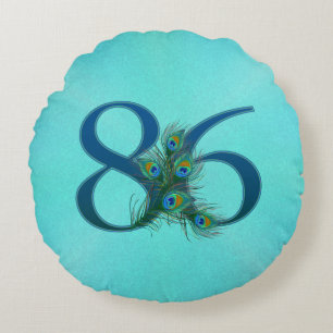 Cojín Redondo Plumas de Pavo Real 86 Cumpleaños Aniversario Hito