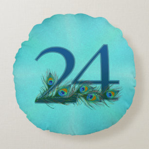 Cojín Redondo Plumas de Pavo Real Cumpleaños 24 Aniversario Hito