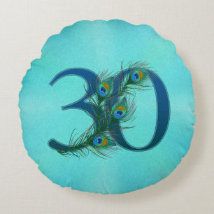 Cojín Redondo Plumas de Pavo Real Cumpleaños 30 Aniversario Hito