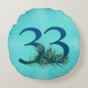 Cojín Redondo Plumas de Pavo Real Cumpleaños 33 Aniversario Hito
