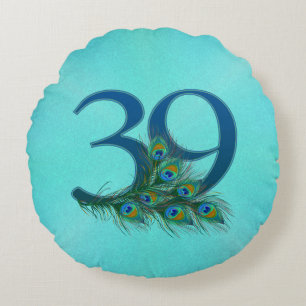 Cojín Redondo Plumas de Pavo Real Cumpleaños 39 Aniversario Hito
