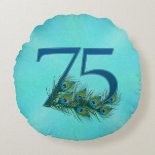 Cojín Redondo Plumas de Pavo Real Cumpleaños 75 Aniversario Hito