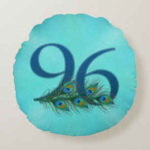 Cojín Redondo Plumas de Pavo Real Cumpleaños 96 Aniversario Hito