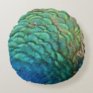 Cojín Redondo Plumas de Pavo Real I Diseño de Naturaleza Abstrac
