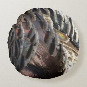 Cojín Redondo Plumas de pavo silvestre I Diseño abstracto de la